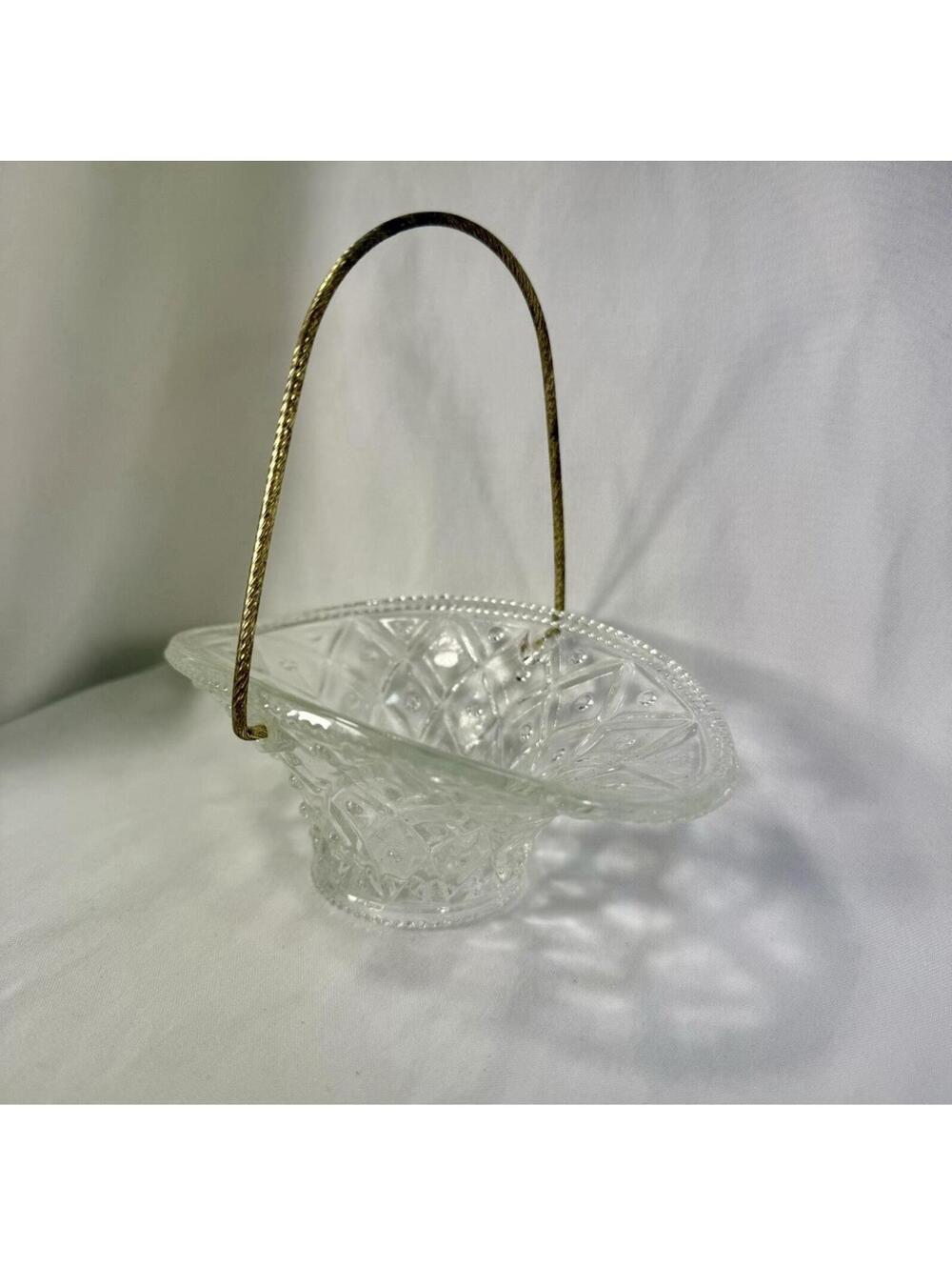 Vintage Avon Pressed Glass Basket Diamond Point Gold Handle 5.5”
